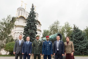 Inside the grounds of the Kremlin in Moscow, the prime and backup crewmembers for the next launch to the International Space Station pose for pictures in front of the Tsar Cannon Sept. 5 as part of pre-flight activities. From left to right are the backup crewmembers, Tom Marshburn of NASA, Sergey Ryzhikov of Roscosmos and spaceflight participant Sultan Al-Neyadi of the United Arab Emirates and the prime crewmembers, spaceflight participant Hazzaa Ali Almansoori of the United Arab Emirates, Oleg Skripochka of Roscosmos and Jessica Meir of NASA. Meir, Skripochka and Almansoori will launch Sept. 25 from the Baikonur Cosmodrome in Kazakhstan on the Soyuz MS-15 spacecraft for a mission on the International Space Station.