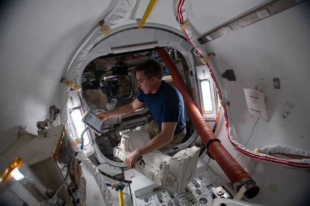 NASA astronaut and Expedition 63 Commander Chris Cassidy reviews maintenance procedures on a computer while working on U.S. spacesuit components inside the International Space Station's Quest airlock.
