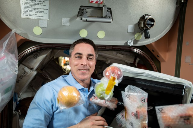NASA astronaut and Expedition 63 Commander Chris Cassidy unpacks fresh fruit and other food items shipped aboard the Northrop Grumman Cygnus space freighter to the International Space Station.