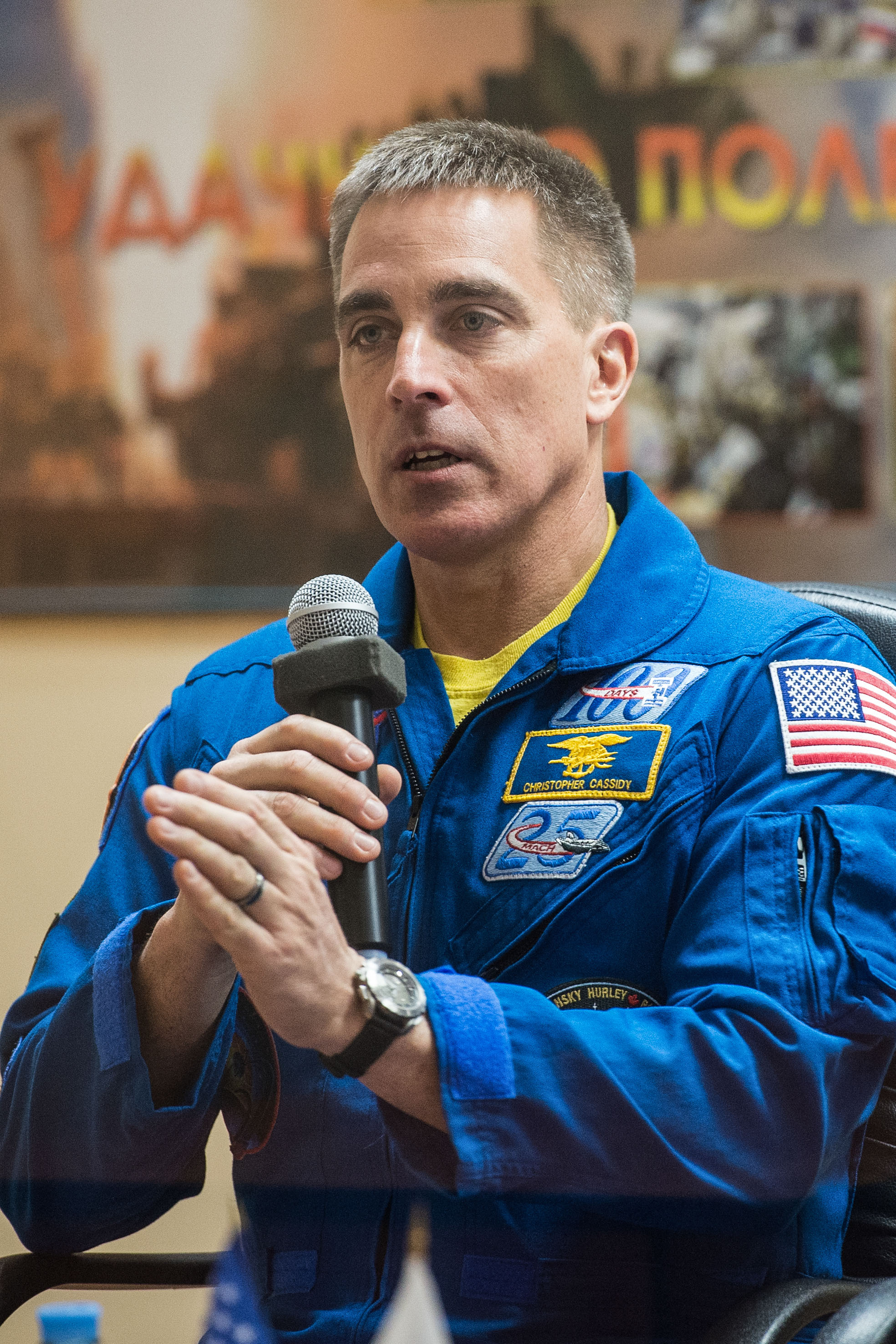 At the Cosmonaut Hotel crew quarters in Baikonur, Kazakhstan, Expedition 63 crewmember Chris Cassidy of NASA responds to questions provided by reporters in a virtual question and answer session April 8 as he prepares for launch. Cassidy and Anatoly Ivanishin and Ivan Vagner of Roscosmos will launch April 9 on the Soyuz MS-16 spacecraft from the Baikonur Cosmodrome for a six-and-a-half month mission on the International Space Station.