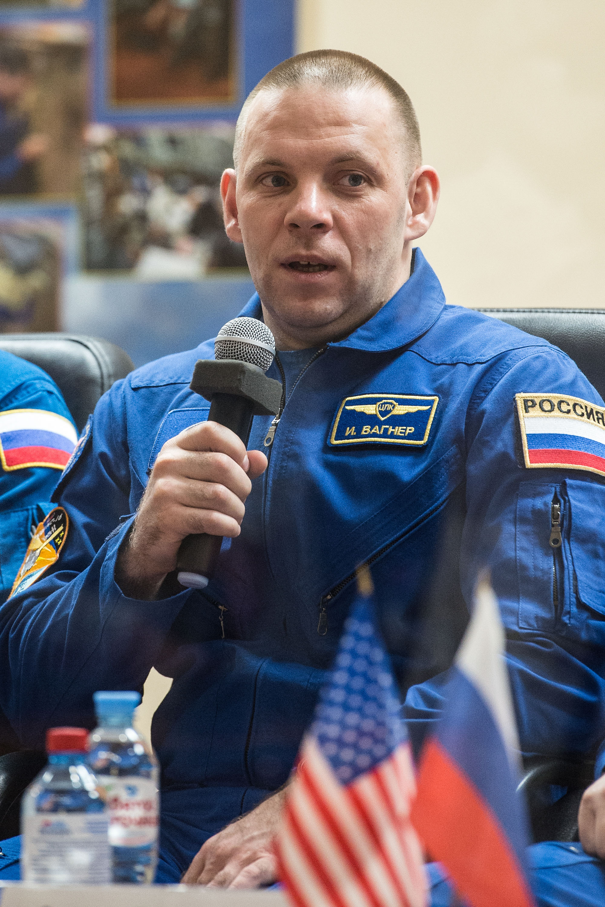 At the Cosmonaut Hotel crew quarters in Baikonur, Kazakhstan, Expedition 63 crewmember Ivan Vagner of Roscosmos responds to questions provided by reporters in a virtual question and answer session April 8 as he prepares for launch. Vagner and Anatoly Ivanishin of Roscosmos and Chris Cassidy of NASA will launch April 9 on the Soyuz MS-16 spacecraft from the Baikonur Cosmodrome for a six-and-a-half month mission on the International Space Station.