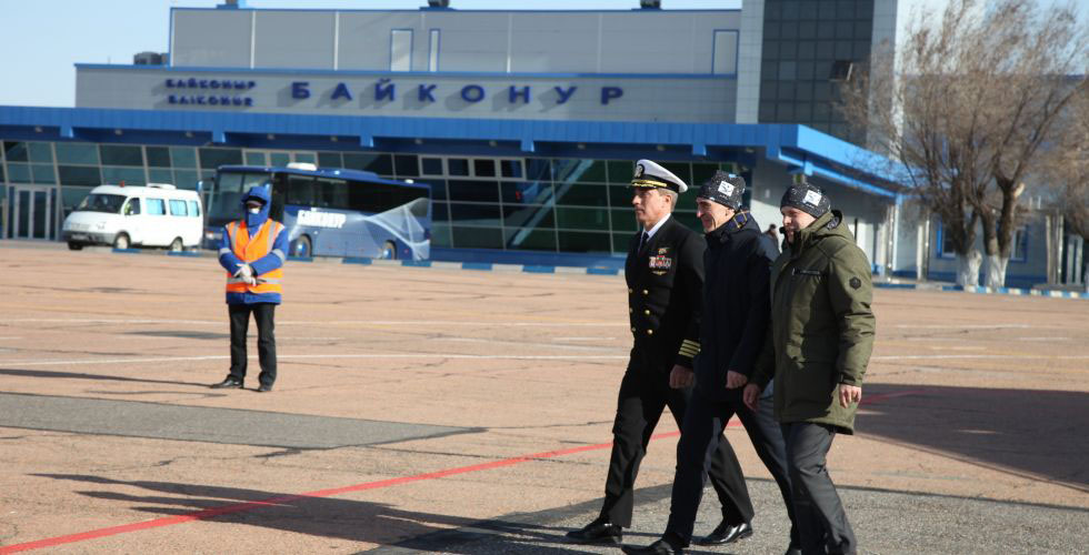 Expedition 63 crewmembers Chris Cassidy of NASA (left) and Anatoly Ivanishin (center) and Ivan Vagner (right) of Roscosmos arrive at the Baikonur Cosmodrome in Kazakhstan March 24 for final pre-launch preparations after a flight from their training base at the Gagarin Cosmonaut Training Center in Star City, Russia. They will launch April 9 on the Soyuz MS-16 spacecraft from the Baikonur Cosmodrome for a six-and-a-half month mission on the International Space Station.
