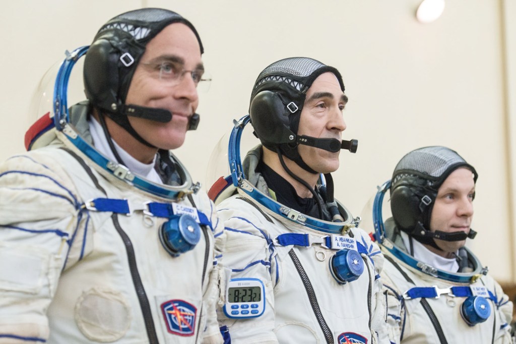 At the Gagarin Cosmonaut Training Center in Star City, Russia, Expedition 63 crewmembers Chris Cassidy of NASA (left) and Anatoly Ivanishin (center) and Ivan Vagner of Roscosmos (right) arrive for the second day of Soyuz qualification exams March 12. They are scheduled to launch April 9 on the Soyuz MS-16 spacecraft from the Baikonur Cosmodrome in Kazakhstan for a six-and-a-half month mission on the International Space Station.