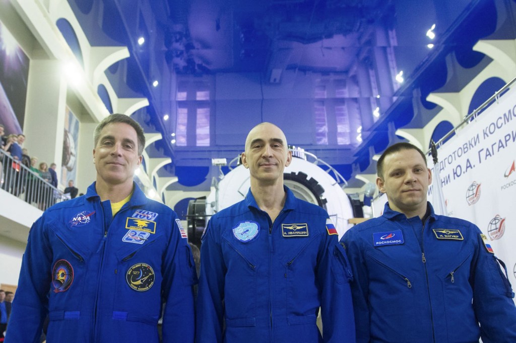 At the Gagarin Cosmonaut Training Center in Star City, Russia, Expedition 63 crewmembers Chris Cassidy of NASA (left) and Anatoly Ivanishin (center) and Ivan Vagner (right) of Roscosmos pose for pictures March 11 during crew qualification exams in advance of their scheduled launch April 9 in the Soyuz MS-16 spacecraft from the Baikonur Cosmodrome in Kazakhstan for a six-and-a-half month mission on the International Space Station.
