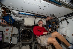 NASA astronaut and Expedition 63 Flight Engineer Doug Hurley works on the International Space Station's intermodule ventilation system monitoring airflow and inspecting components.