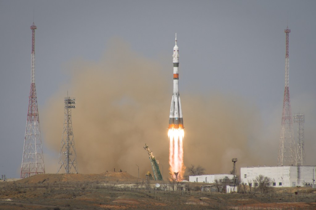 The Soyuz MS-16 lifts off from Site 31 at the Baikonur Cosmodrome in Kazakhstan Thursday, April 9, 2020 sending Expedition 63 crewmembers Chris Cassidy of NASA and Anatoly Ivanishin and Ivan Vagner of Roscosmos into orbit for a six-hour flight to the International Space Station and the start of a six-and-a-half month mission.