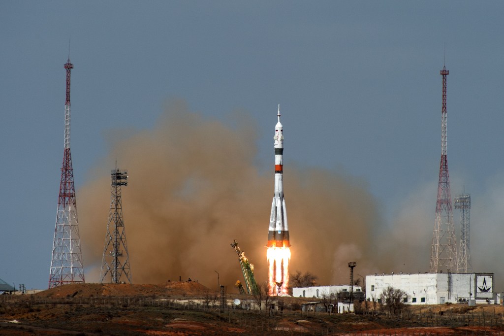The Soyuz MS-16 lifts off from Site 31 at the Baikonur Cosmodrome in Kazakhstan Thursday, April 9, 2020 sending Expedition 63 crewmembers Chris Cassidy of NASA and Anatoly Ivanishin and Ivan Vagner of Roscosmos into orbit for a six-hour flight to the International Space Station and the start of a six-and-a-half month mission.