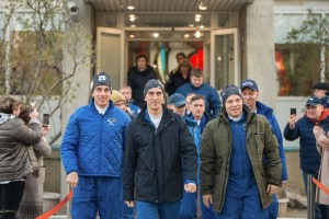 Expedition 63 crewmembers Chris Cassidy of NASA, left, and Anatoly Ivanishin, center, and Ivan Vagner of Roscosmos leave their Cosmonaut Hotel crew quarters in Baikonur, Kazakhstan to travel to their suit up facility for launch on the Soyuz MS-16 rocket from the Baikonur Cosmodrome, Thursday, April 9, 2020. They are beginning a six-and-a-half month mission on the International Space Station.