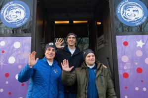 Expedition 63 crewmembers Chris Cassidy of NASA, left, and Anatoly Ivanishin, center, and Ivan Vagner of Roscosmos leave their Cosmonaut Hotel crew quarters in Baikonur, Kazakhstan to travel to their suit up facility for launch on the Soyuz MS-16 rocket from the Baikonur Cosmodrome, Thursday, April 9, 2020. They are beginning a six-and-a-half month mission on the International Space Station.