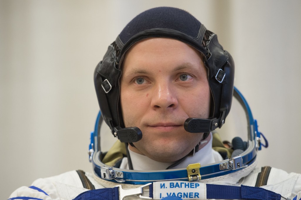 Expedition 63 crewmember Ivan Vagner of Roscosmos dons his Sokol suit a few hours ahead of his launch on a Soyuz rocket with Anatoly Ivanishin of Roscosmos, and Chris Cassidy of NASA, Thursday, April 9, 2020 at the Baikonur Cosmodrome in Kazakhstan. A few hours later, they lifted off for a six-and-a-half month mission on the International Space Station.