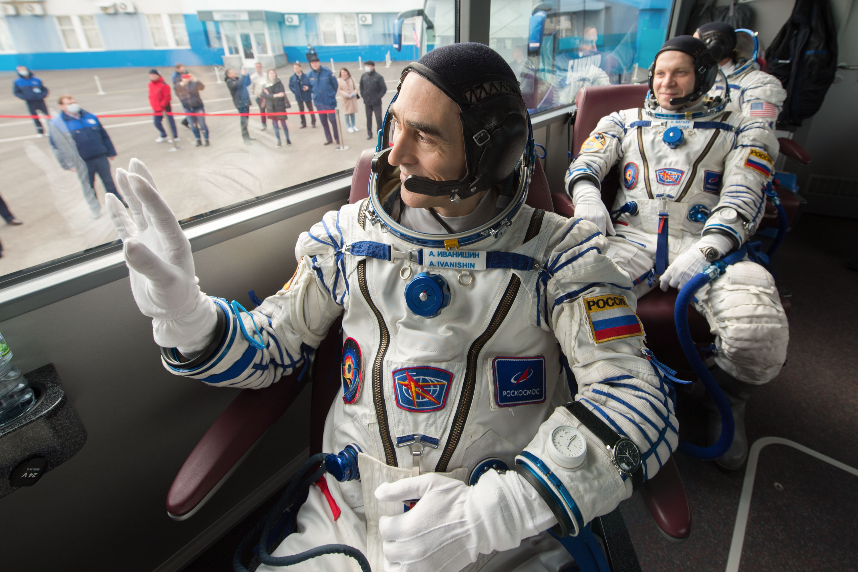 Expedition 63 crewmembers Anatoly Ivanishin, left, Ivan Vagner of Roscosmos, center, and Chris Cassidy of NASA depart building 254 via bus for the launch pad, Thursday, April 9, 2020 at the Baikonur Cosmodrome in Kazakhstan. A few hours later, they lifted off on a Soyuz rocket for a six-and-a-half month mission on the International Space Station.