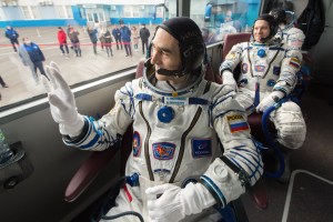 Expedition 63 crewmembers Anatoly Ivanishin, left, Ivan Vagner of Roscosmos, center, and Chris Cassidy of NASA depart building 254 via bus for the launch pad, Thursday, April 9, 2020 at the Baikonur Cosmodrome in Kazakhstan. A few hours later, they lifted off on a Soyuz rocket for a six-and-a-half month mission on the International Space Station.