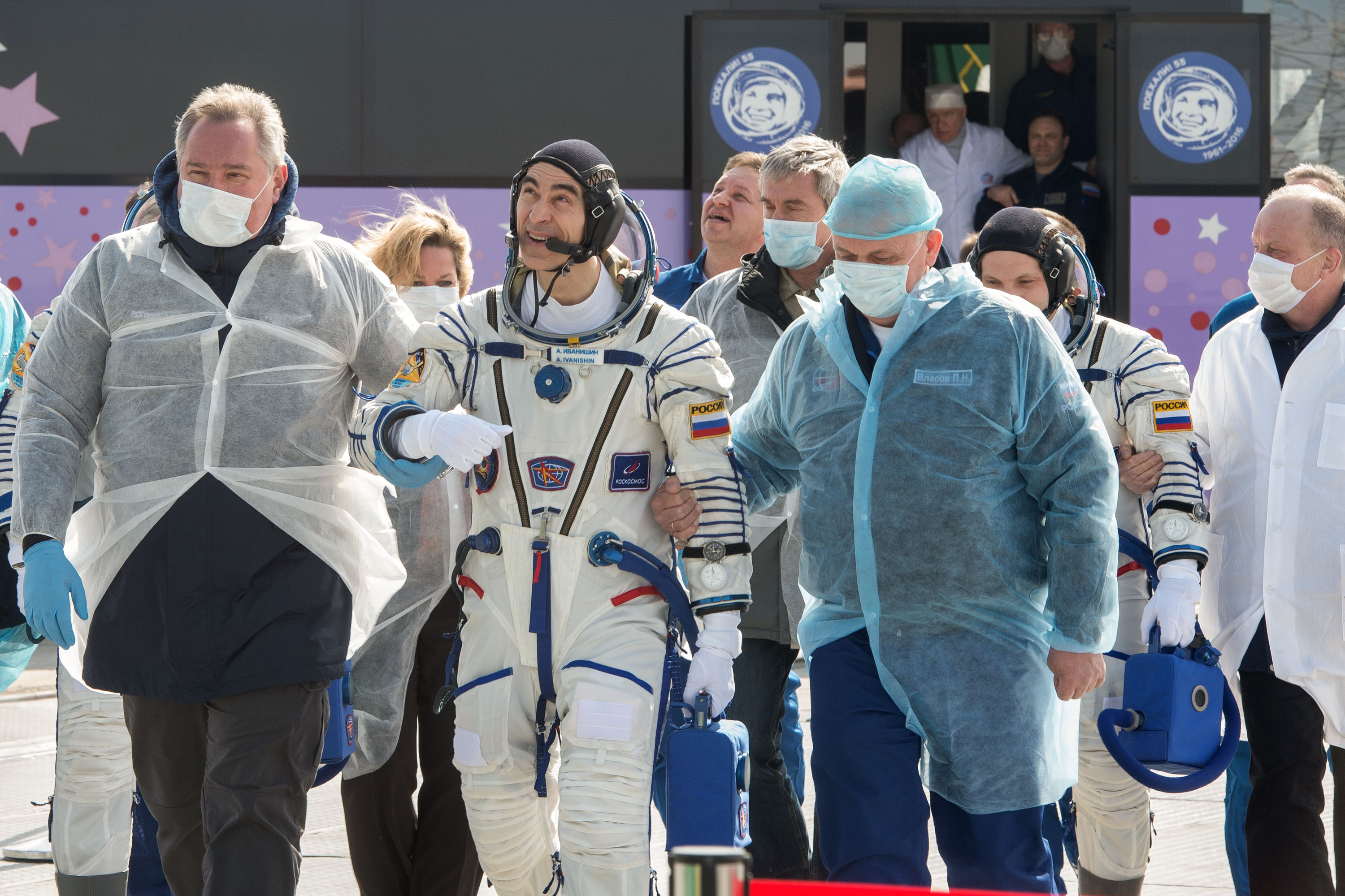 Expedition 63 crewmember Anatoly Ivanishin walks to board the Soyuz rocket prior to launch with Ivan Vagner of Roscosmos and Chris Cassidy of NASA, Thursday, April 9, 2020 at the Baikonur Cosmodrome in Kazakhstan. A few hours later, the trio lifted off on a Soyuz rocket for a six-and-a-half month mission on the International Space Station.