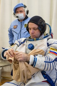 Expedition 63 crewmember Ivan Vagner of Roscosmos dons his Sokol suit a few hours ahead of his launch on a Soyuz rocket with Anatoly Ivanishin of Roscosmos, and Chris Cassidy of NASA, Thursday, April 9, 2020 at the Baikonur Cosmodrome in Kazakhstan. A few hours later, they lifted off for a six-and-a-half month mission on the International Space Station.