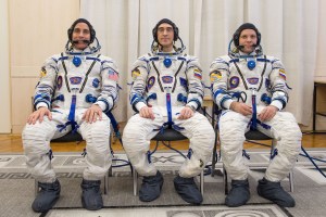 Expedition 63 crewmember Chris Cassidy of NASA, left, Anatoly Ivanishin of Roscosmos, center, and Ivan Vagner of Roscosmos pose for a group photo after suiting up and preparing for leak checks of their launch and entry suits at the Baikonur Cosmodrome in Kazakhstan as they prepared for launch Thursday, April 9, 2020 on the Soyuz MS-16 spacecraft. A few hours later, they lifted off for a six-and-a-half month mission on the International Space Station.