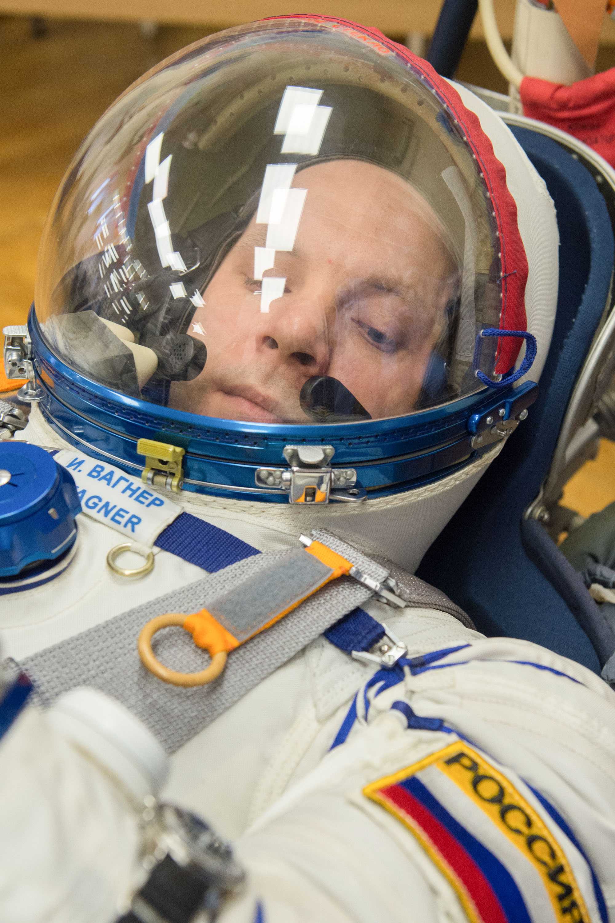 Expedition 63 crewmember Ivan Vagner of Roscosmos has his Sokol suit pressure checked ahead of his launch on a Soyuz rocket with Anatoly Ivanishin of Roscosmos, and Chris Cassidy of NASA, Thursday, April 9, 2020 at the Baikonur Cosmodrome in Kazakhstan. A few hours later, Vagner, Anatoly Ivanishin of Roscosmos, and Chris Cassidy of NASA lifted off for a six-and-a-half month mission on the International Space Station.