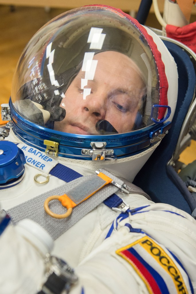 Expedition 63 crewmember Ivan Vagner of Roscosmos has his Sokol suit pressure checked ahead of his launch on a Soyuz rocket with Anatoly Ivanishin of Roscosmos, and Chris Cassidy of NASA, Thursday, April 9, 2020 at the Baikonur Cosmodrome in Kazakhstan. A few hours later, Vagner, Anatoly Ivanishin of Roscosmos, and Chris Cassidy of NASA lifted off for a six-and-a-half month mission on the International Space Station.