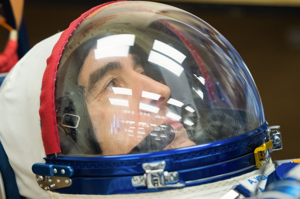Expedition 63 crewmember Anatoly Ivanishin of Roscosmos has his Sokol suit pressure checked ahead of his launch on a Soyuz rocket with Ivan Vagner of Roscosmos, and Chris Cassidy of NASA, Thursday, April 9, 2020 at the Baikonur Cosmodrome in Kazakhstan. A few hours later, they lifted off for a six-and-a-half month mission on the International Space Station.