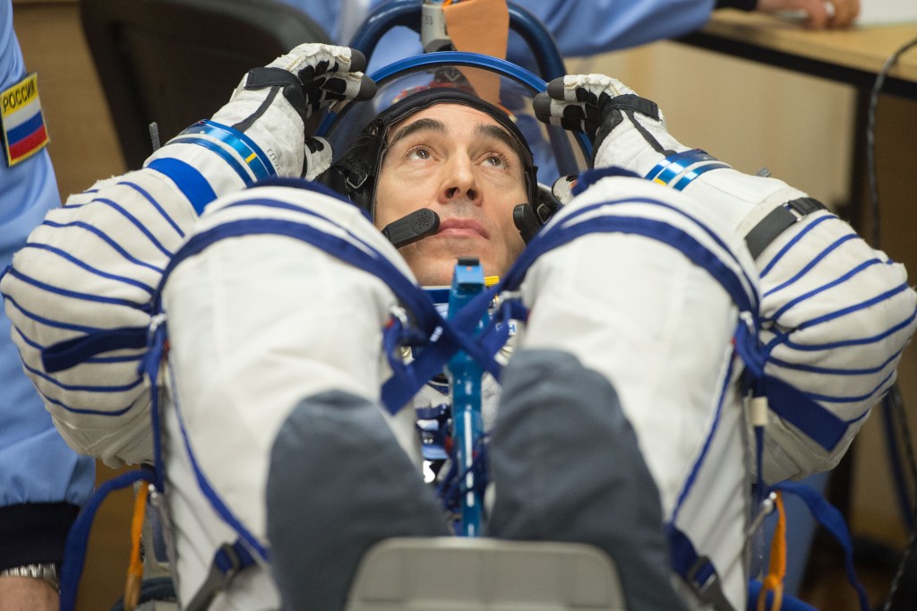Expedition 63 crewmember Anatoly Ivanishin of Roscosmos has his Sokol suit pressure checked ahead of his launch on a Soyuz rocket with Ivan Vagner of Roscosmos, and Chris Cassidy of NASA, Thursday, April 9, 2020 at the Baikonur Cosmodrome in Kazakhstan. A few hours later, they lifted off for a six-and-a-half month mission on the International Space Station.