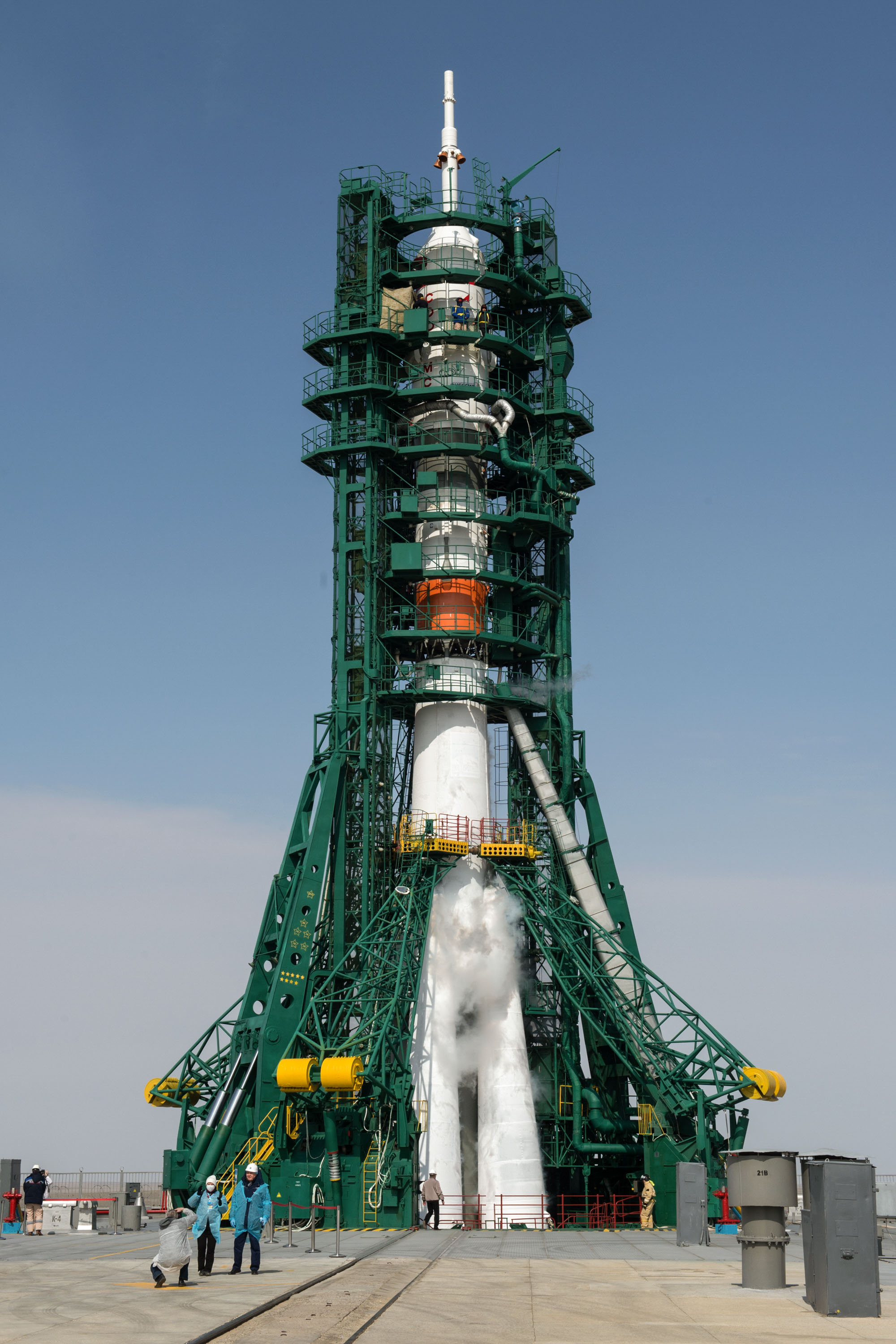 The Soyuz rocket with Expedition 63 crewmembers Chris Cassidy of NASA, Ivan Vagner and Anatoly Ivanishin of Roscosmos onboard is seen a several hours before launch, Thursday, April 9, 2020 at the Baikonur Cosmodrome in Kazakhstan. A few hours later, the trio lifted off on a Soyuz rocket for a six-and-a-half month mission on the International Space Station.