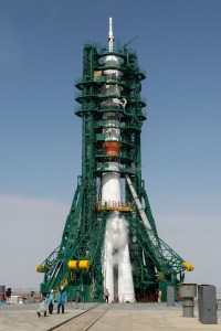 The Soyuz rocket with Expedition 63 crewmembers Chris Cassidy of NASA, Ivan Vagner and Anatoly Ivanishin of Roscosmos onboard is seen a several hours before launch, Thursday, April 9, 2020 at the Baikonur Cosmodrome in Kazakhstan. A few hours later, the trio lifted off on a Soyuz rocket for a six-and-a-half month mission on the International Space Station.
