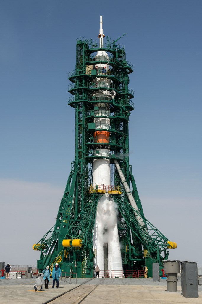 The Soyuz rocket with Expedition 63 crewmembers Chris Cassidy of NASA, Ivan Vagner and Anatoly Ivanishin of Roscosmos onboard is seen a several hours before launch, Thursday, April 9, 2020 at the Baikonur Cosmodrome in Kazakhstan. A few hours later, the trio lifted off on a Soyuz rocket for a six-and-a-half month mission on the International Space Station.