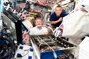 iss068e054783 (Oct. 25, 2022) --- Expedition 68 Commander Sergey Prokopyev from Roscosmos and Flight Engineer Koichi Wakata of JAXA (Japan Aerospace Exploration Agency) work on science hardware maintenance inside the International Space Station's Columbus laboratory module.