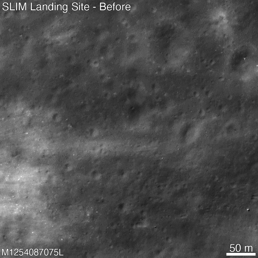 A black and white gif of two images of the Moon's surface before and after SLIM landed on the surface. A scale line for 50m is in the bottom right. The second image is slightly brighter around the landing site. 