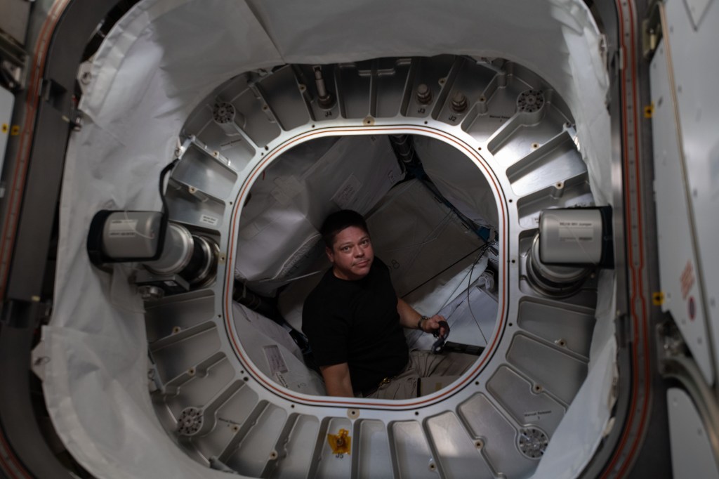 NASA astronaut and Expedition 63 Flight Engineer Bob Behnken is pictured inside the Bigelow Expandable Activity Module (BEAM) during operations to retrieve charcoal filters.