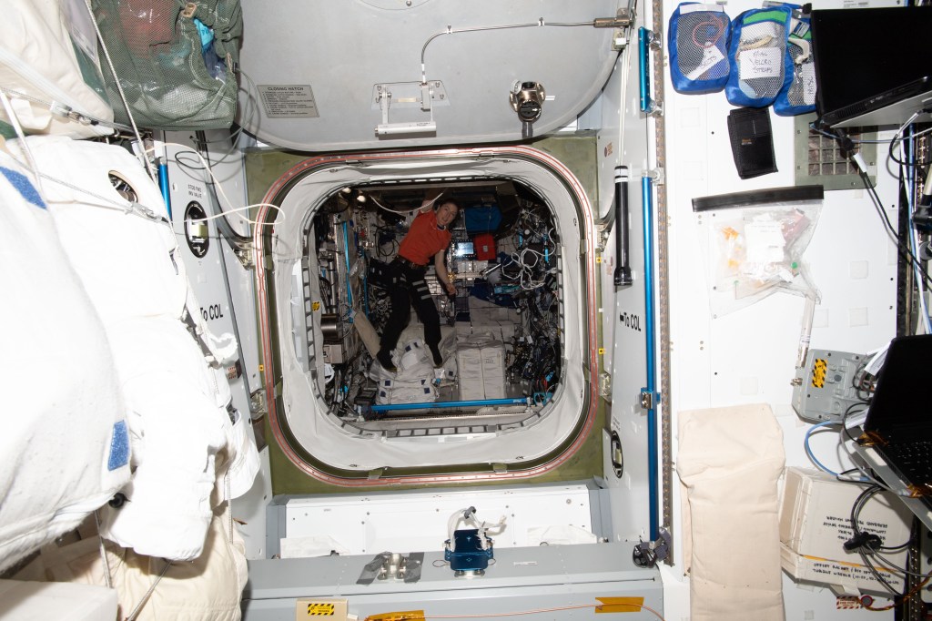 NASA astronaut and Expedition 59 Flight Engineer Christina Koch works inside the Columbus laboratory module from ESA (European Space Agency).