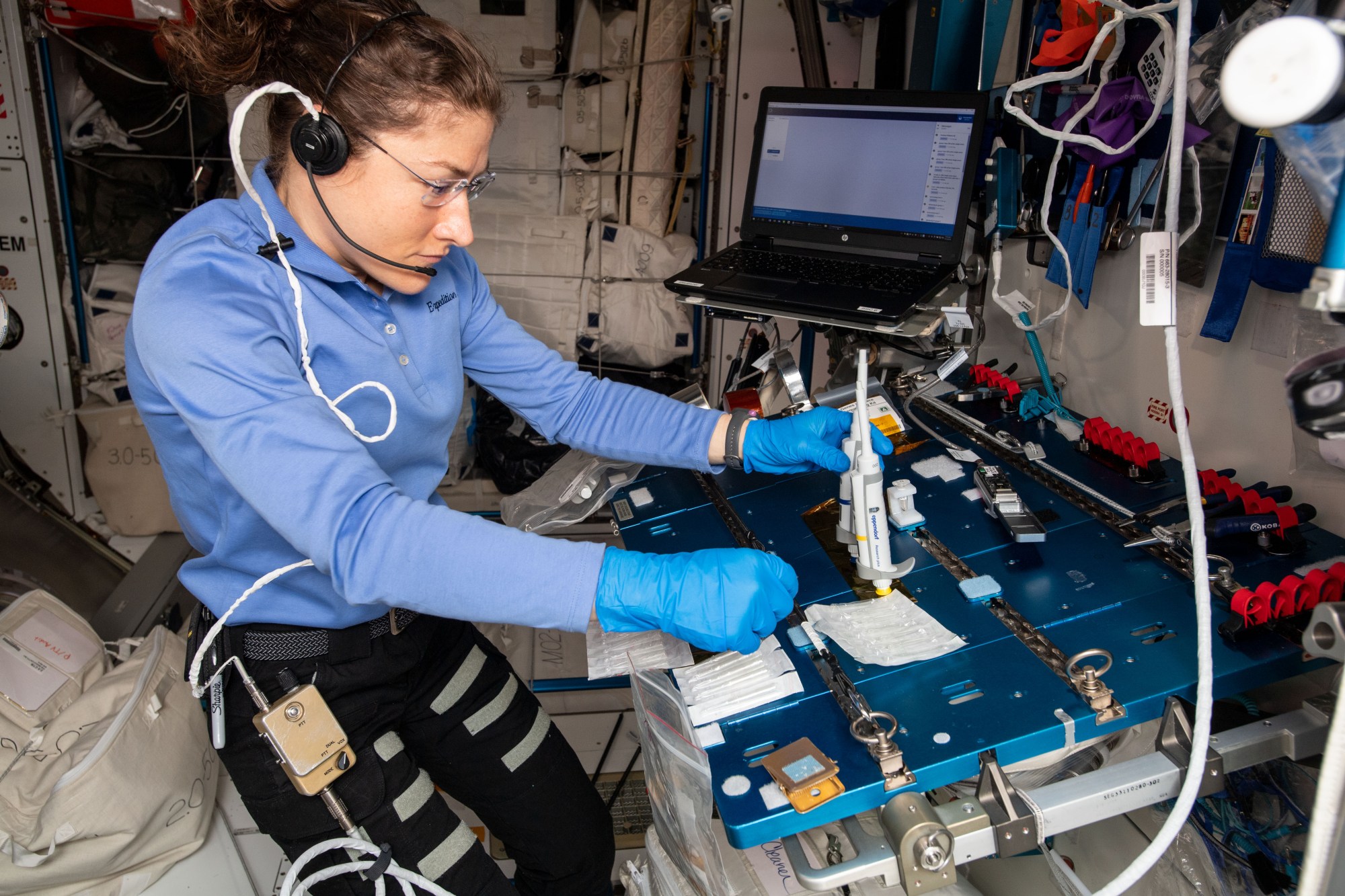 Flight Engineer Christina Koch of NASA works on the Genes In Space-6 (GIS-6) experiment inside Europe’s Columbus laboratory module. GIS-6 uses the Biomolecule Sequencer to sequence DNA samples to help scientists understand how space radiation mutates DNA and assess the molecular level repair process.