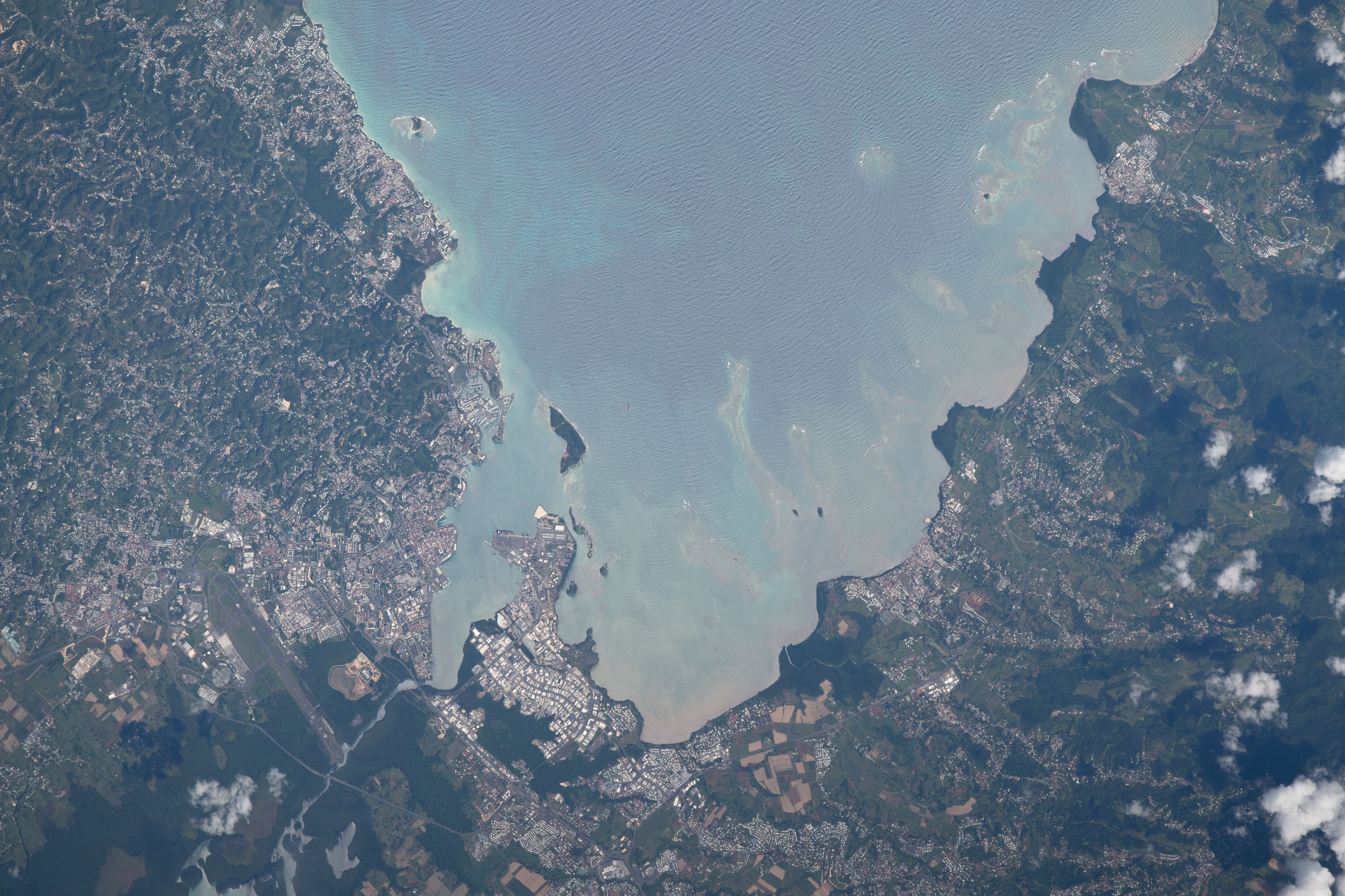Baie-Mahault (bottom center) is a city in the French overseas region of Guadeloupe, an island group in the southern Caribbean Sea.