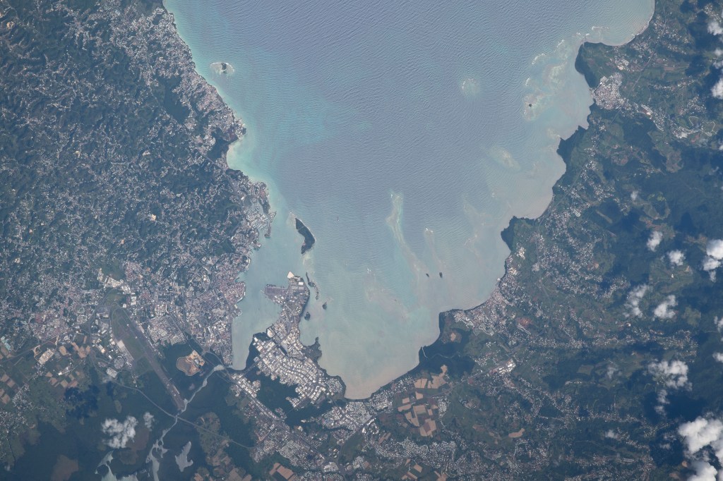 Baie-Mahault (bottom center) is a city in the French overseas region of Guadeloupe, an island group in the southern Caribbean Sea.