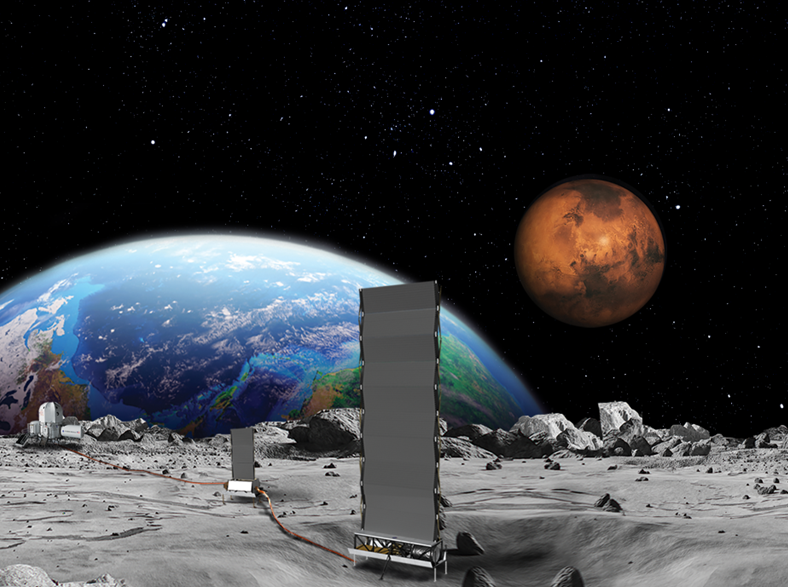 A concept image of the Fission Surface Power Project on the lunar surface. Earth and Mars can be seen in the background. The lunar surface is grey and rocky.