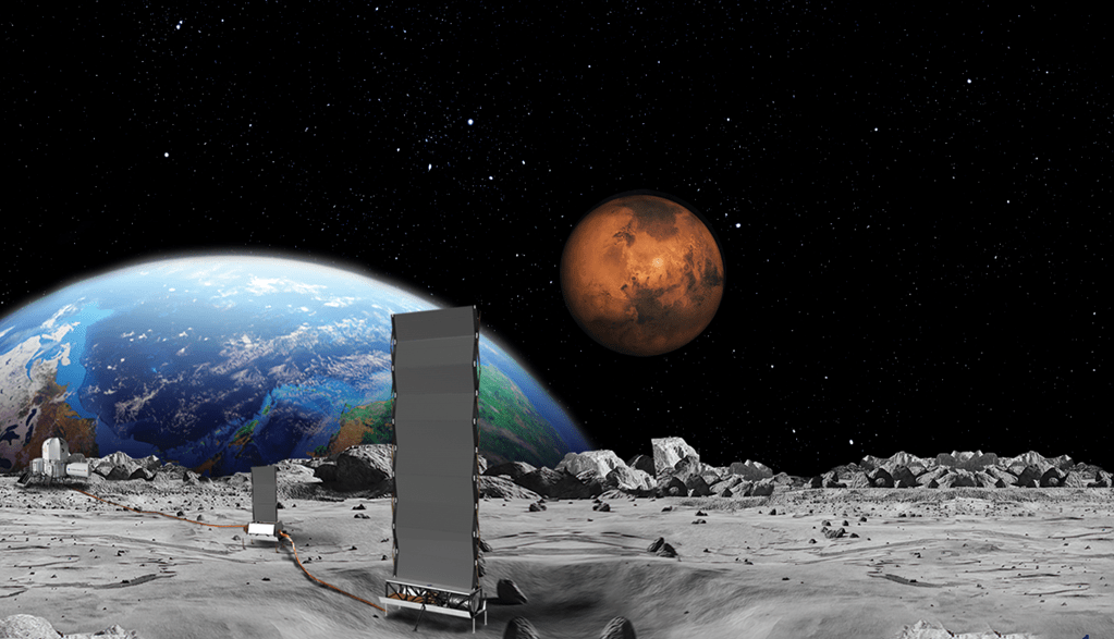 A concept image of the Fission Surface Power Project on the lunar surface. Earth and Mars can be seen in the background. The lunar surface is grey and rocky.