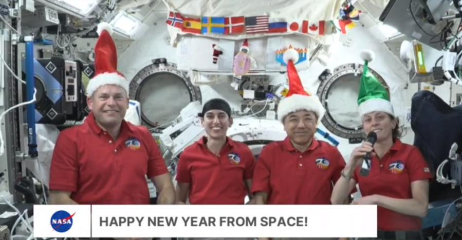 Four Expedition 70 crew members share new year's remarks. From left, Commander Andreas Mogensen of ESA, Flight Engineer Jasmin Moghbeli of NASA, Flight Engineer Satoshi Furukawa of JAXA, and Flight Engineer Loral O'Hara of NASA. Credits: NASA