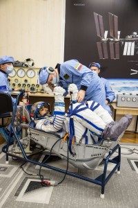 In the Integration Building at the Baikonur Cosmodrome in Kazakhstan, spaceflight participant Hazzaa Ali Almansoori of the United Arab Emirates undergoes a pressure and leak check of his Russian Sokol launch and entry suit Sept. 11 for a fit check aboard the Soyuz MS-15 spacecraft. Almansoori and Expedition 61 crewmembers Jessica Meir of NASA and Oleg Skripochka of Roscosmos will launch Sept. 25 on the Soyuz MS-15 spacecraft from the Baikonur Cosmodrome for a mission on the International Space Station.