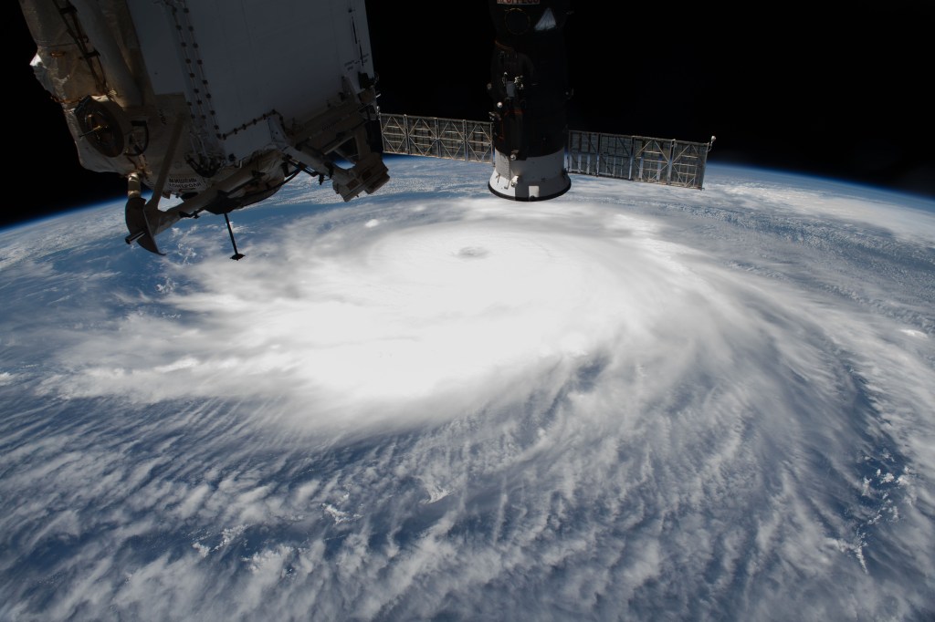 Hurricane Laura is pictured Wednesday afternoon off the coast of the Texas-Louisiana border as the International Space Station orbited above the Gulf of Mexico.