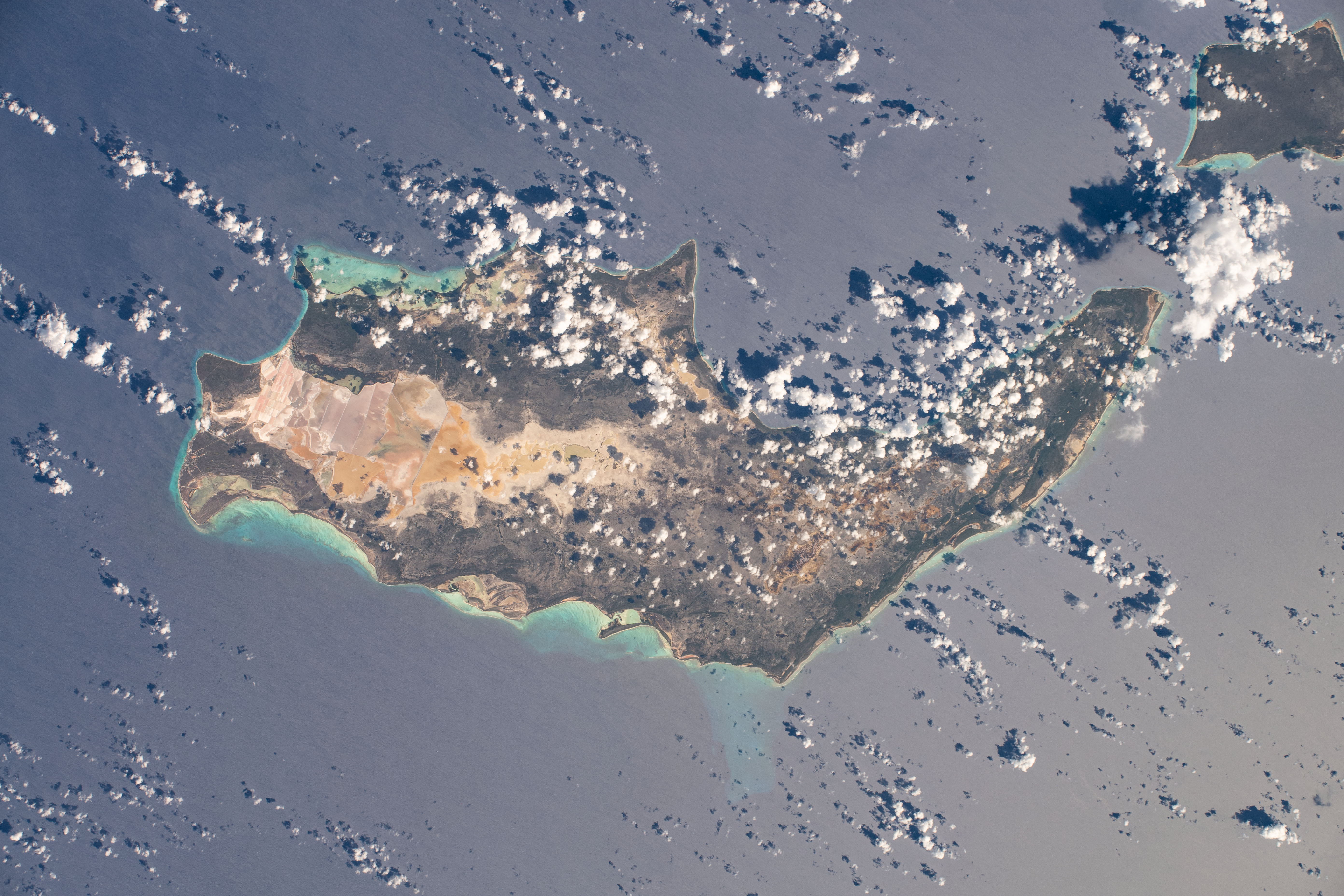 Inagua National Park, part of The Bahamas island nation, is pictured from the International Space Station as it was orbiting above the Atlantic Ocean.