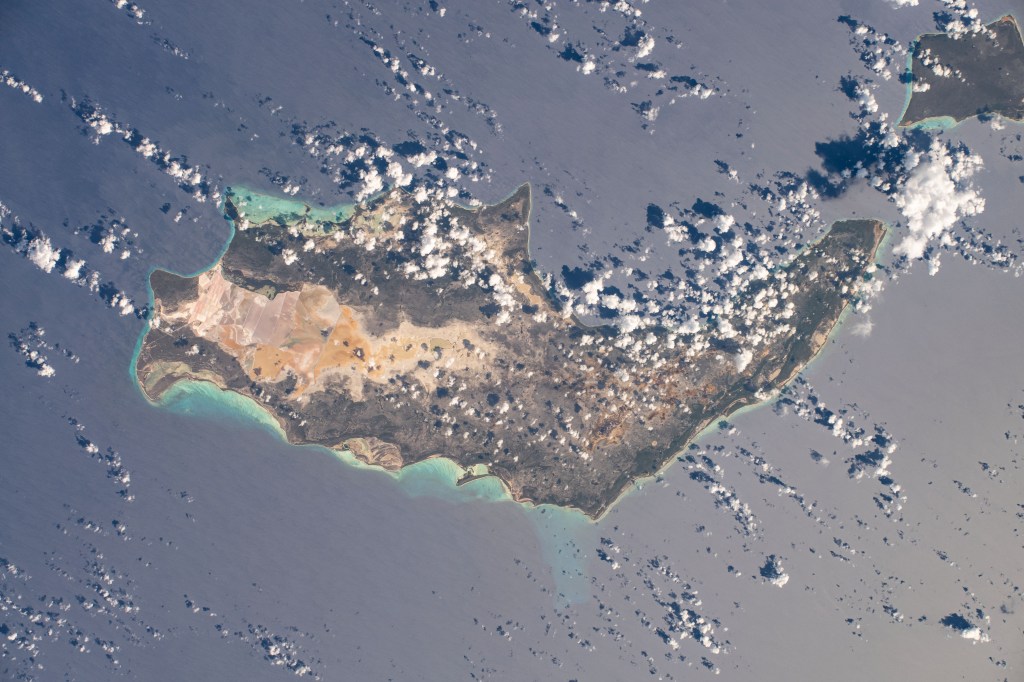 Inagua National Park, part of The Bahamas island nation, is pictured from the International Space Station as it was orbiting above the Atlantic Ocean.