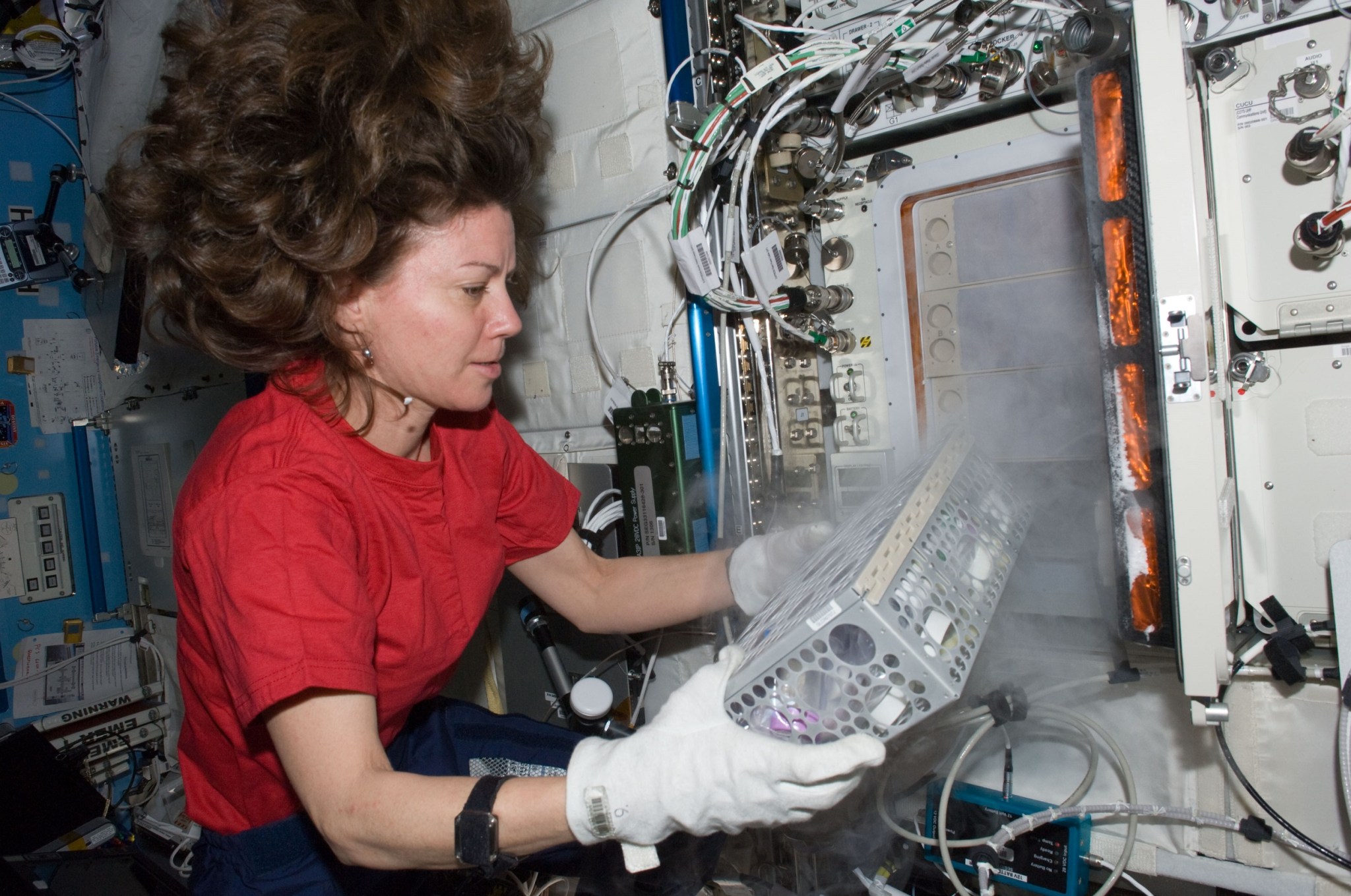 Coleman is wearing a red shirt and blue pants, long brown hair floating around her head. She has thick white gloves on her hands and holds a silver rectangular container that she just took out of a refrigerator. Vapor rises from the container and refrigerator.