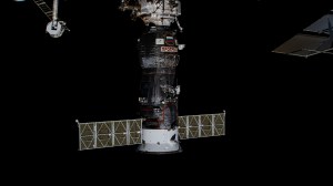 The Roscosmos Progress 86 cargo craft is pictured docked to the International Space Station's Poisk module. The Progress 86 docked to Poisk on Dec. 3, 2023, delivering almost three tons of food, fuel, and supplies for the Expeditipn 70 crew and will stay docked until late May.