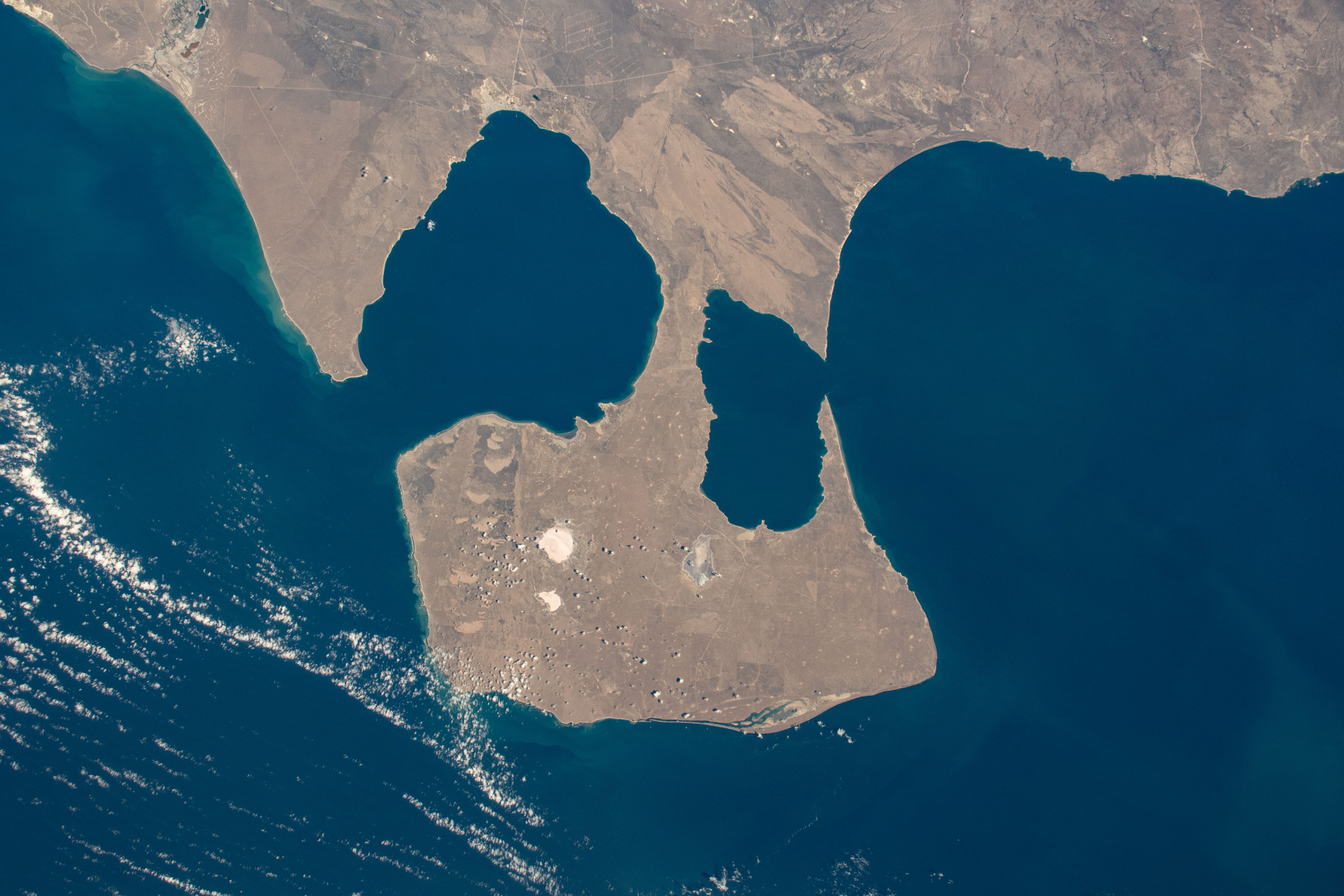Argentina's Valdes Peninsula, in between the Golfo San Matias and the Golfo Nuevo and populated by a wide variety of marine and land wildlife, is pictured from the International Space Station as it orbited 269 miles above the Argentine Sea.