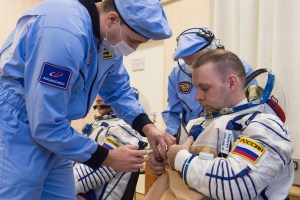 At the Baikonur Cosmodrome in Kazakhstan, Expedition 63 crewmember Ivan Vagner of Roscosmos suits up March 25 for pre-launch training activities. Vagner, Anatoly Ivanishin of Roscosmos and Chris Cassidy of NASA will launch April 9 on the Soyuz MS-16 spacecraft from Baikonur for a six-and-a-half month mission on the International Space Station. Credit: Andrey Shelepin/Gagarin Cosmonaut Training Center.