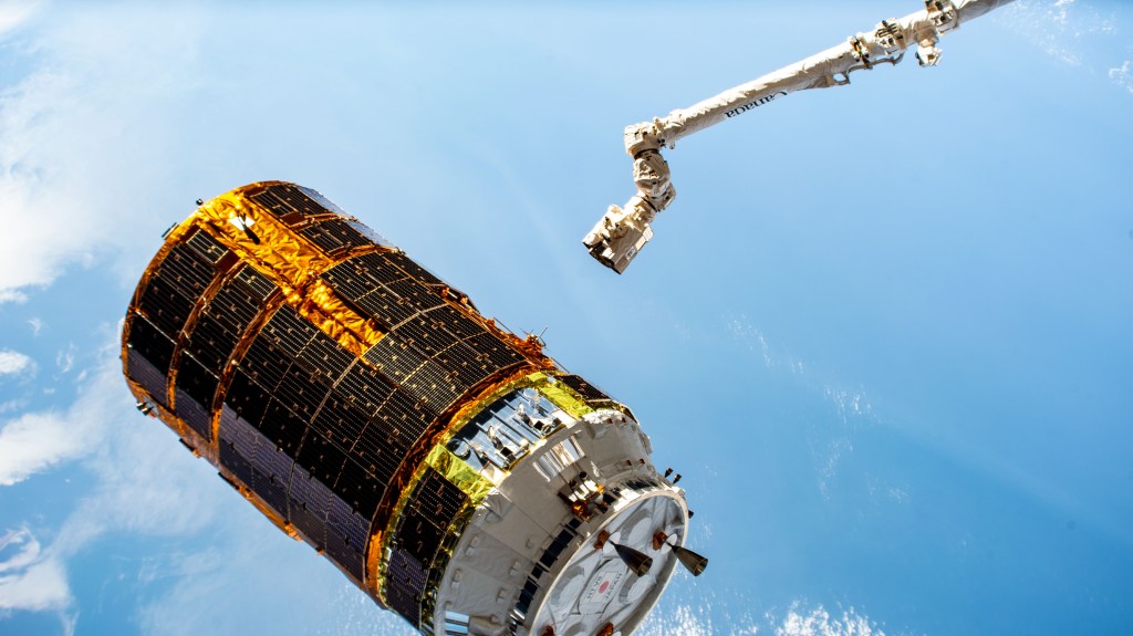 Japan's H-II Transfer Vehicle-8 (HTV-8) is pictured moments after being released from the grips of the Canadarm2 robotic arm after completing a 34-day cargo mission attached to the International Space Station's Harmony module.