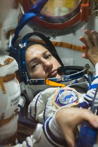 In the Integration Building at the Baikonur Cosmodrome in Kazakhstan, Expedition 61 crewmember Jessica Meir of NASA runs through procedures Sept. 11 aboard the Soyuz MS-15 spacecraft during an initial Soyuz vehicle fit check. Meir, spaceflight participant Hazzaa Ali Almansoori of the United Arab Emirates and Expedition 61 crewmember Oleg Skripochka of Roscosmos will launch Sept. 25 on the Soyuz MS-15 spacecraft from the Baikonur Cosmodrome for a mission on the International Space Station.