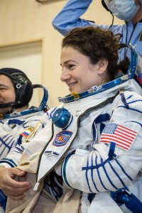 In the Integration Building at the Baikonur Cosmodrome in Kazakhstan, Expedition 61 crewmember Jessica Meir of NASA suits up Sept. 11 for a fit check aboard the Soyuz MS-15 spacecraft. Meir, Hazzaa Ali Almansoori of the United Arab Emirates and Expedition 61 crewmember Oleg Skripochka of Roscosmos will launch Sept. 25 on the Soyuz MS-15 spacecraft from the Baikonur Cosmodrome for a mission on the International Space Station.