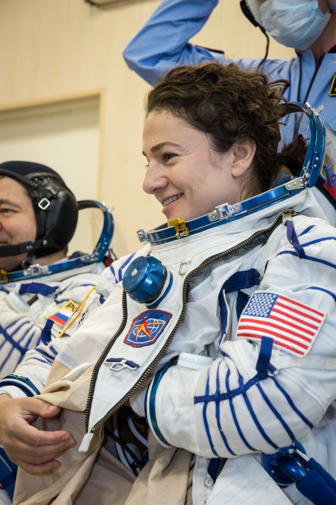 In the Integration Building at the Baikonur Cosmodrome in Kazakhstan, Expedition 61 crewmember Jessica Meir of NASA suits up Sept. 11 for a fit check aboard the Soyuz MS-15 spacecraft. Meir, Hazzaa Ali Almansoori of the United Arab Emirates and Expedition 61 crewmember Oleg Skripochka of Roscosmos will launch Sept. 25 on the Soyuz MS-15 spacecraft from the Baikonur Cosmodrome for a mission on the International Space Station.