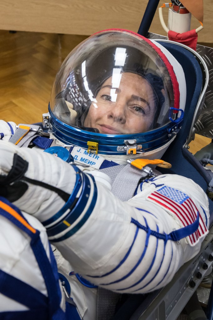 In the Integration Building at the Baikonur Cosmodrome in Kazakhstan, Expedition 61 crewmember Jessica Meir of NASA undergoes a pressure and leak check of her Russian Sokol launch and entry suit Sept. 11 for a fit check aboard the Soyuz MS-15 spacecraft. Meir, Hazzaa Ali Almansoori of the United Arab Emirates and Expedition 61 crewmember Oleg Skripochka of Roscosmos will launch Sept. 25 on the Soyuz MS-15 spacecraft from the Baikonur Cosmodrome for a mission on the International Space Station.