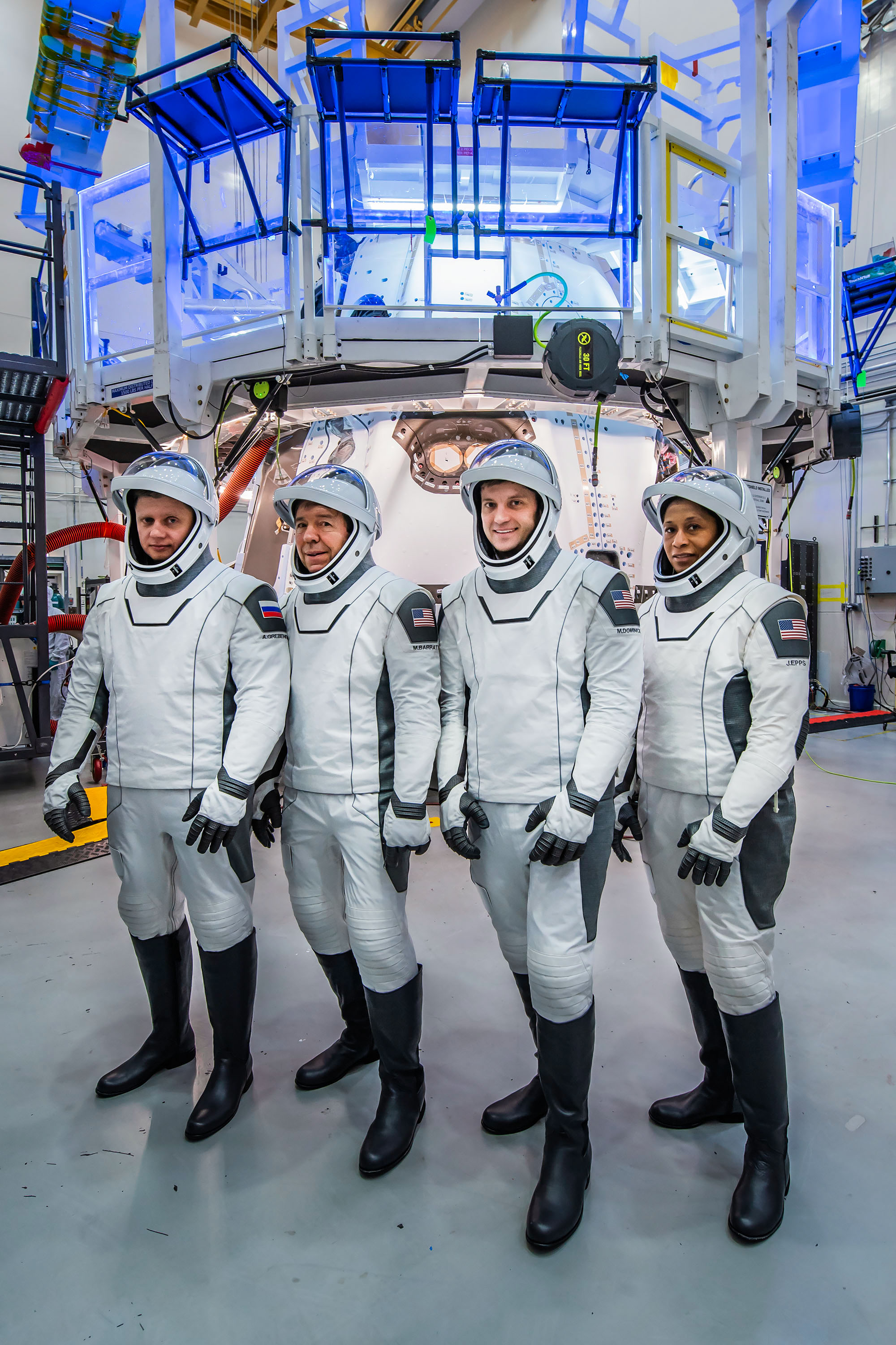 The crew of NASA’s SpaceX Crew-8 mission to the International Space Station poses for a photo during their Crew Equipment Interface Test at NASA’s Kennedy Space Center in Florida. The goal of the training is to rehearse launch day activities and get a close look at the spacecraft that will take them to the International Space Station.